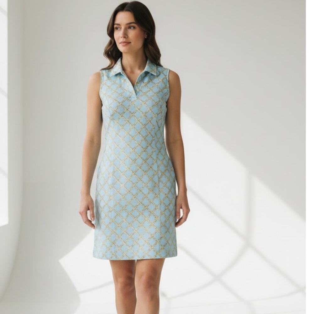 J. McLaughlin Light Blue and Gold Sleeveless Midi Dress